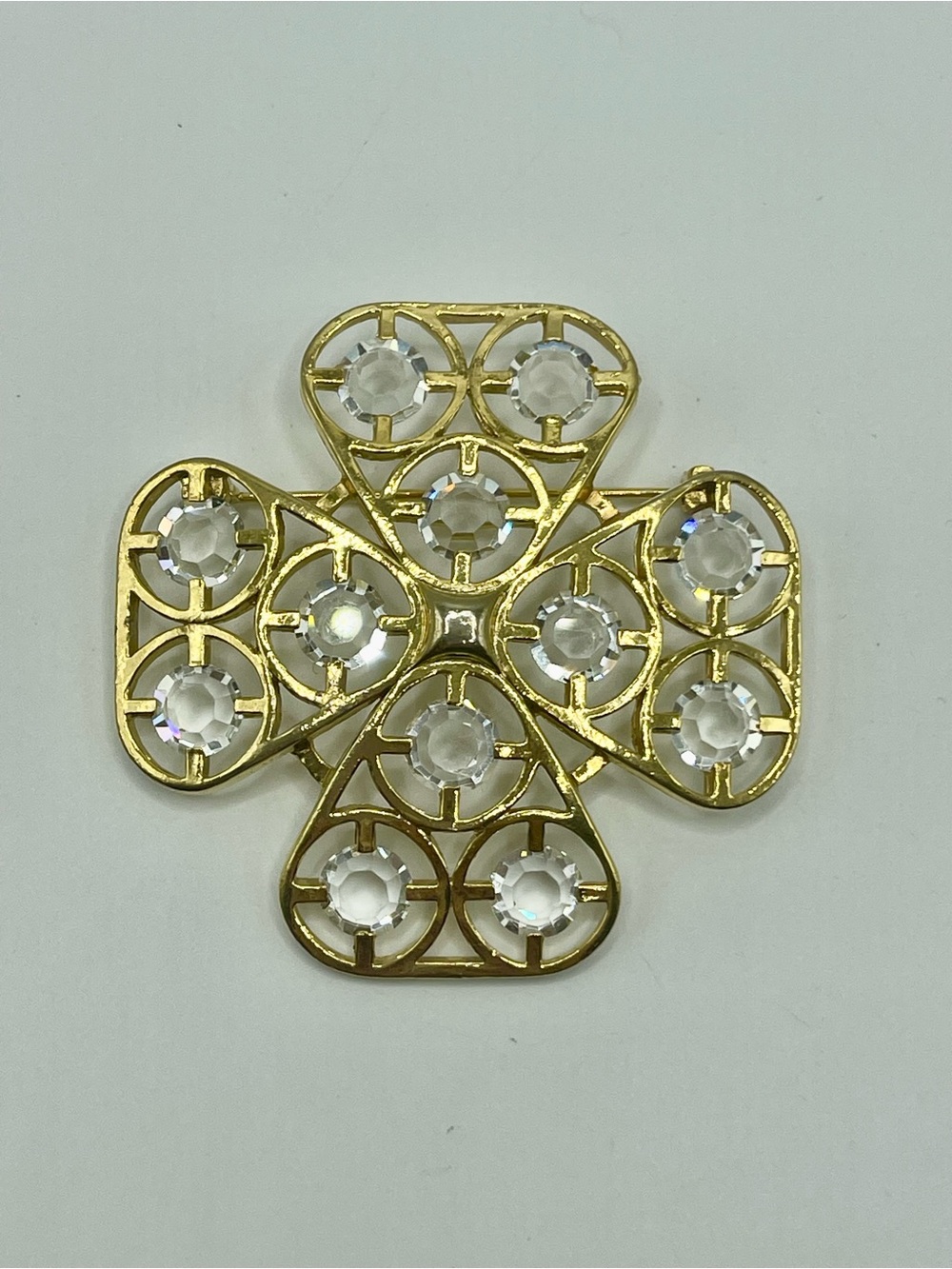 Gold Tone Openwork Rhinestone Maltese Cross Brooch